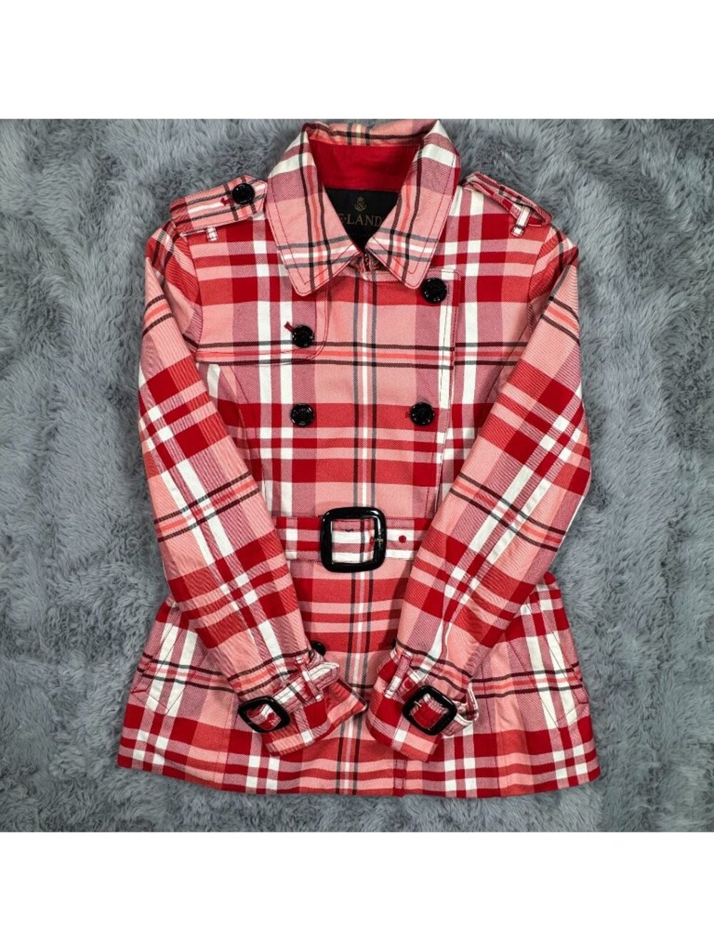E-Land Pea Coat Women's 2 Red Cotton Plaid Double-Breasted Belted Preppy Lined